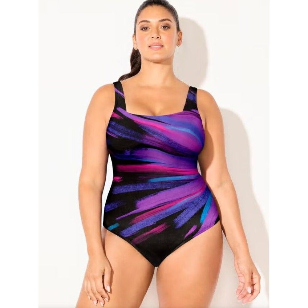 NWT Swimsuits For All - One Piece Square Neck Tummy Control Multi Padded Sz 22